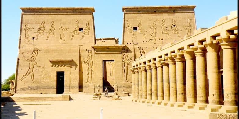 First pylon and colonnade of Philae Temple near Aswan