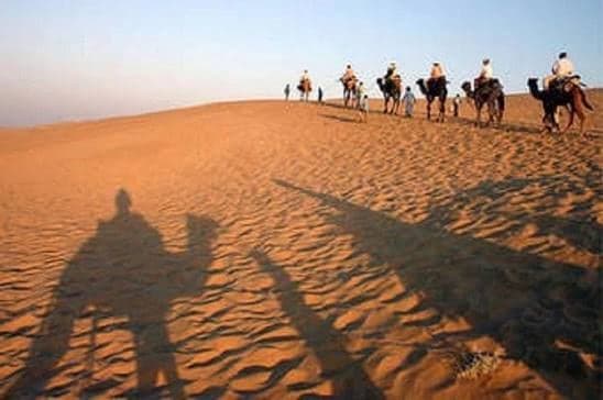 Camel caravan crossing a sand dune, with long shadows in the low sun